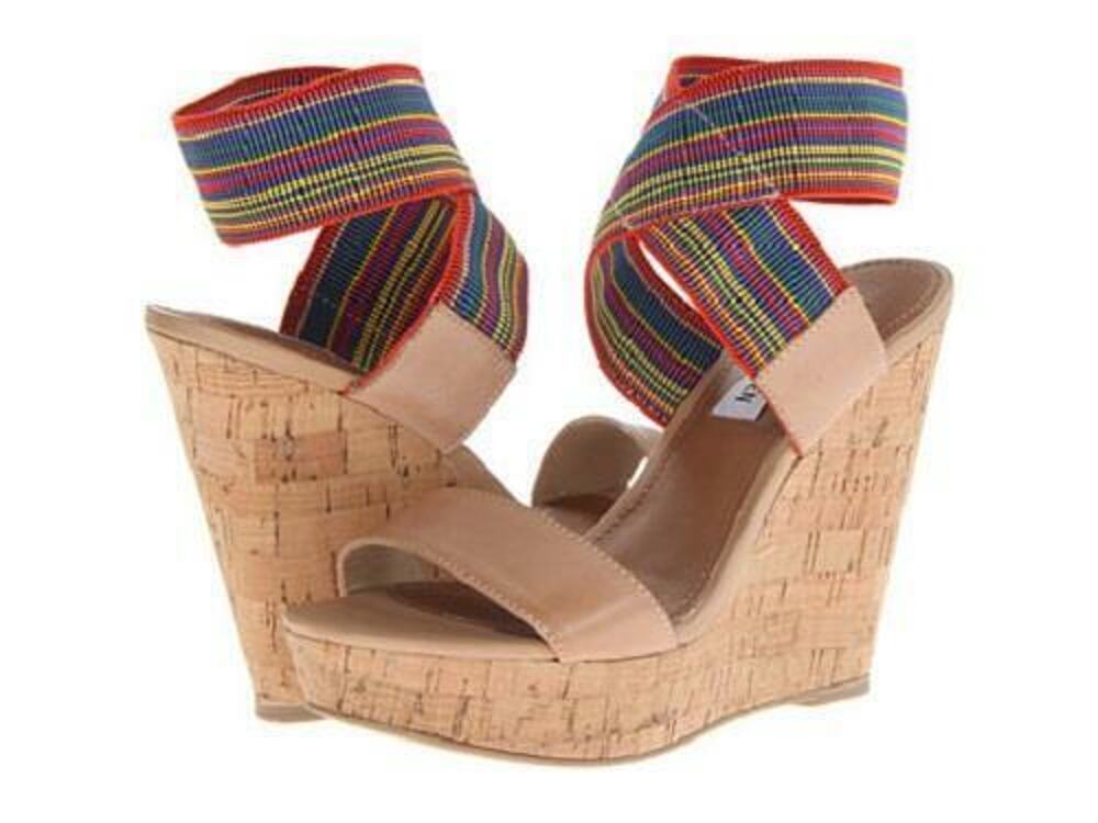 Steve Madden Roper Platform Wedge Sandal Heels Nude Bright Multi Size 9.5